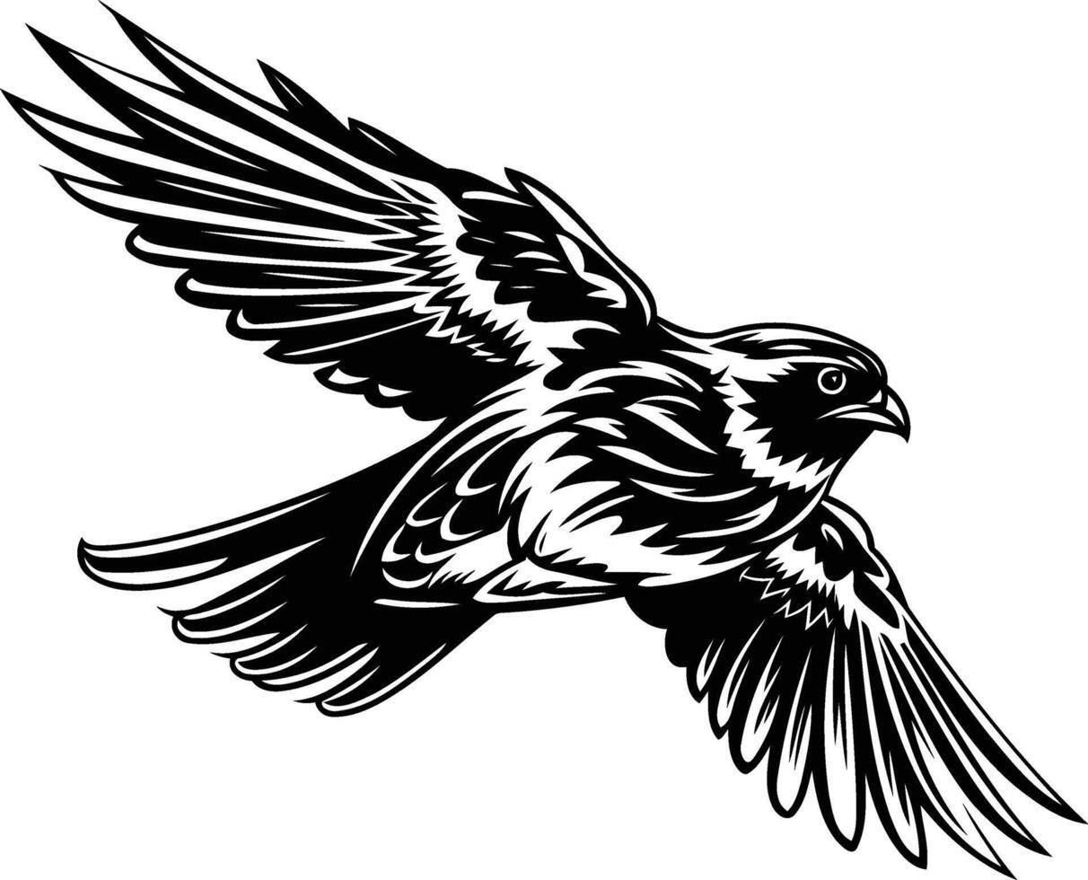 Black and white illustration of a hawk in flight, perfect for tattoo design, t shirt prints, or branding vector