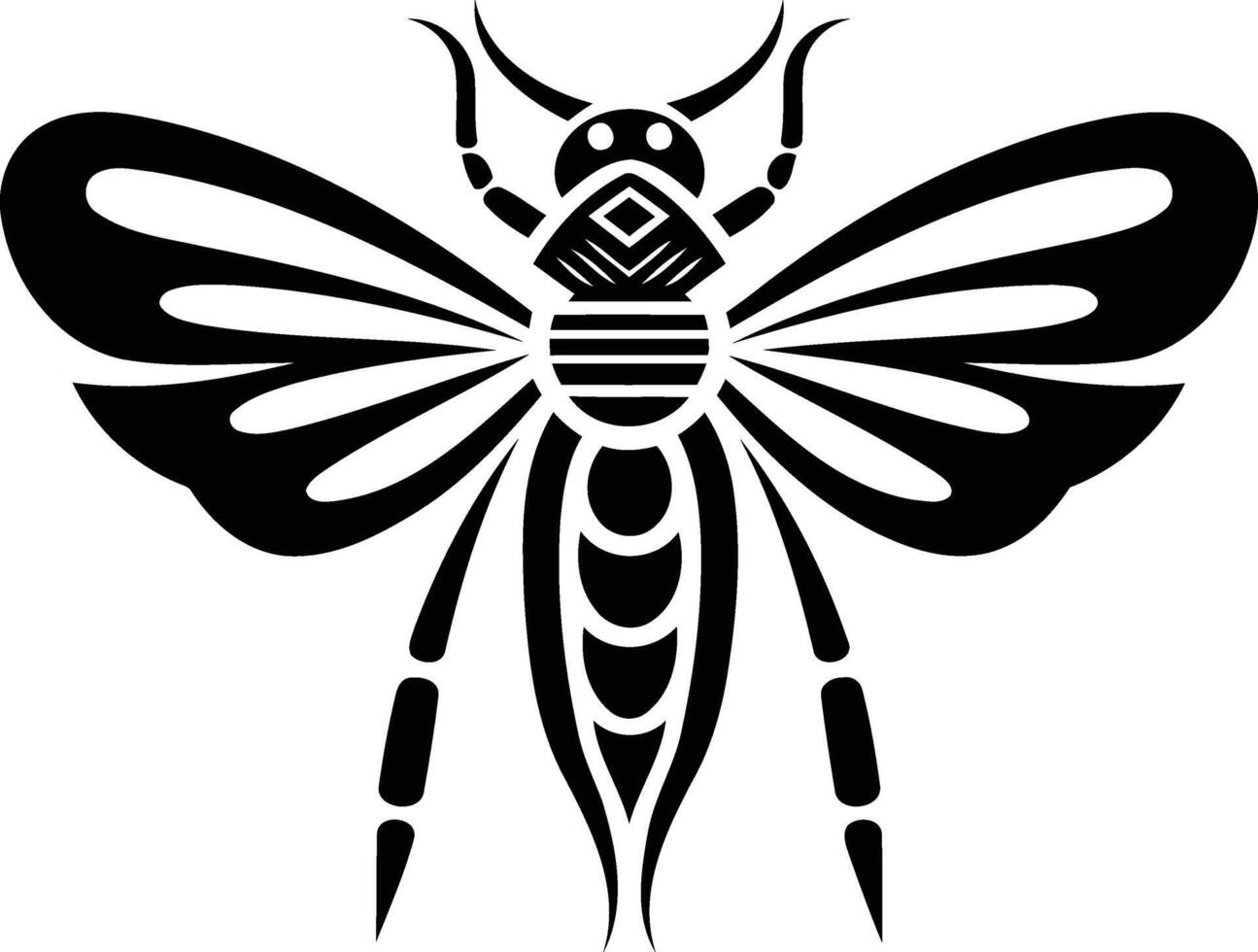 Stylized black and white insect tattoo design featuring intricate patterns on the body and wings, perfect for use as a element illustration or design element vector
