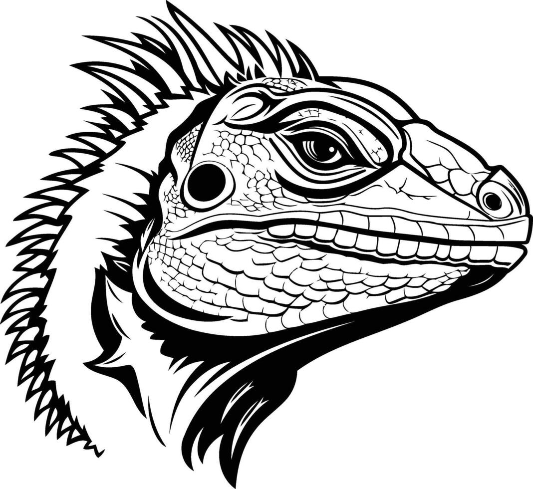 A detailed black and white illustration of a lizard's head, perfect for tattoo designs, wildlife illustrations, and graphic design projects vector