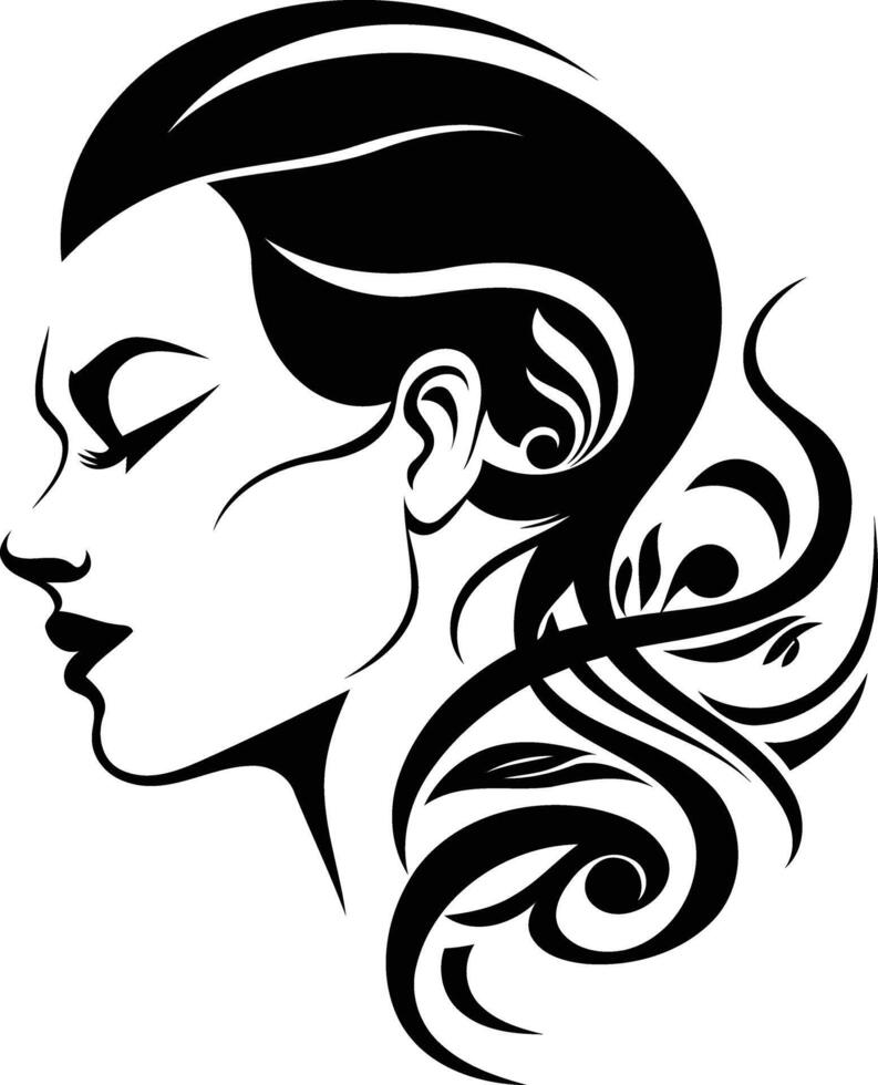 Stylish black and white illustration of a woman's face with floral patterns in her hair, ideal for beauty, fashion, and tattoo design projects vector