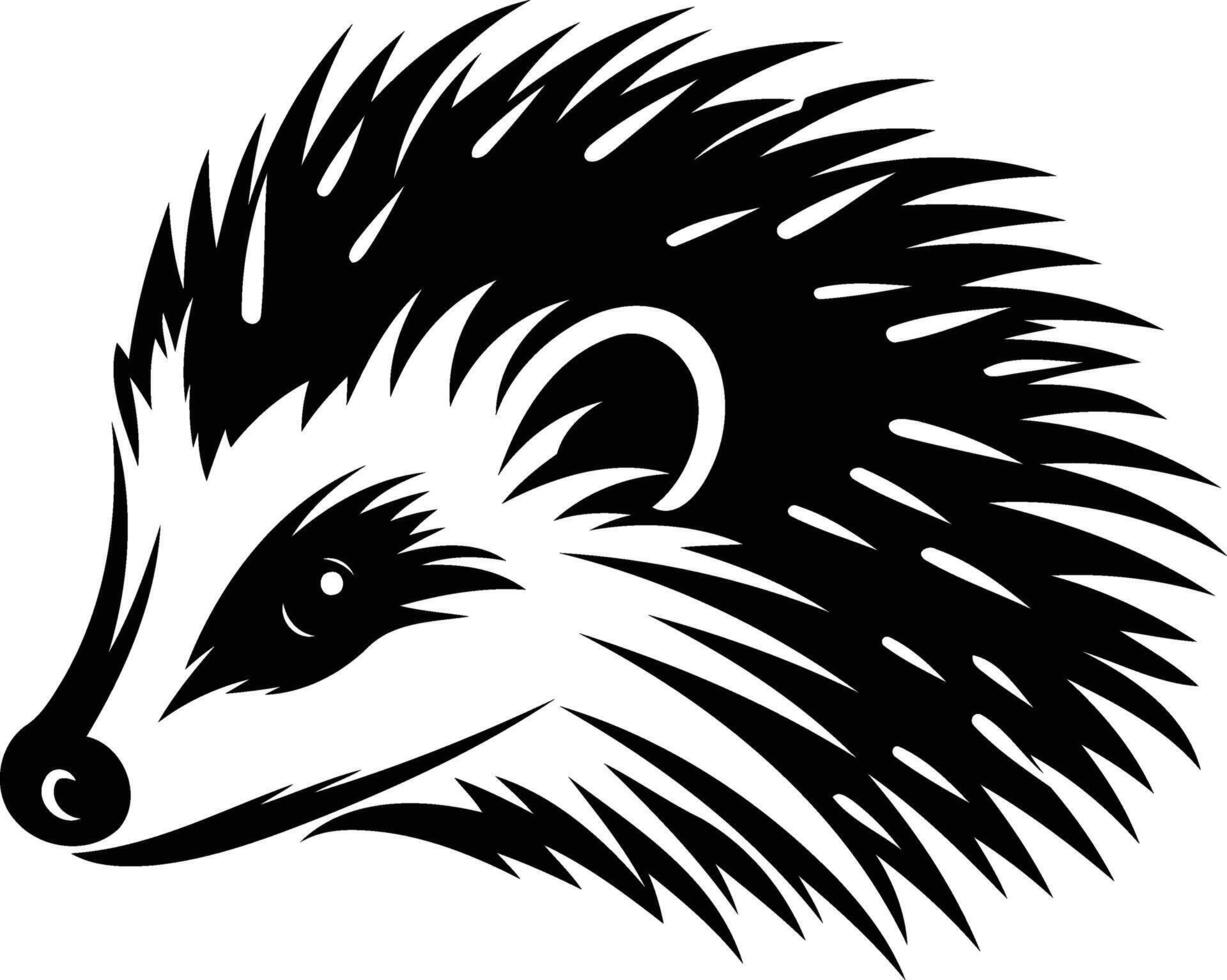 Black and white illustration of a hedgehog head with a fierce expression vector