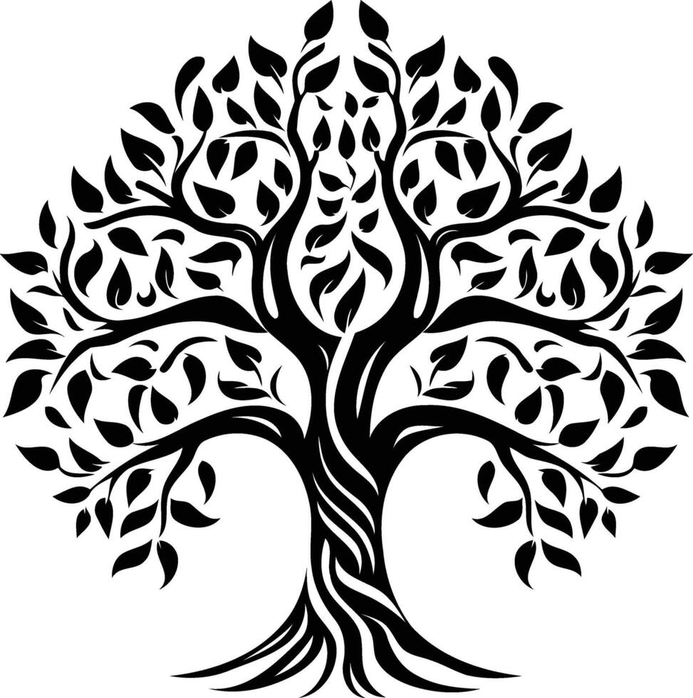 Stylized black and white illustration of a tree with intricate branches and leaves, perfect for nature themed designs, tattoos, or branding vector