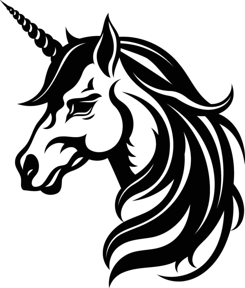 A striking black and white illustration of a unicorn's head in profile, showcasing a bold and stylized design vector