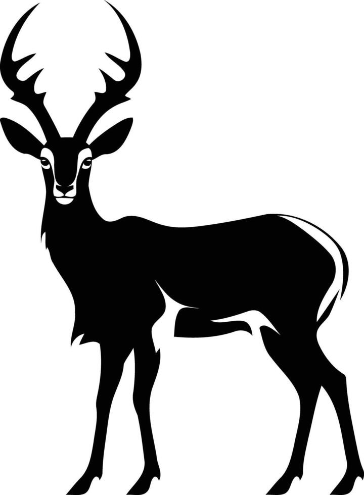 Black and white silhouette of a standing deer with large antlers vector