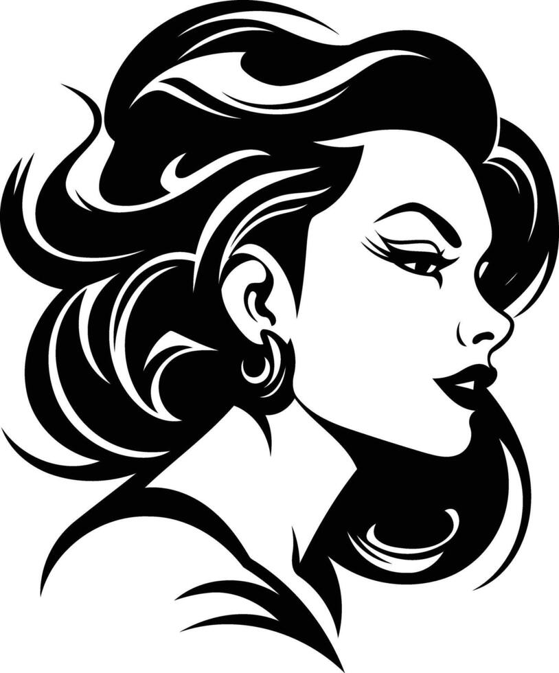 A bold and elegant illustration of a woman's profile, rendered in black and white vector