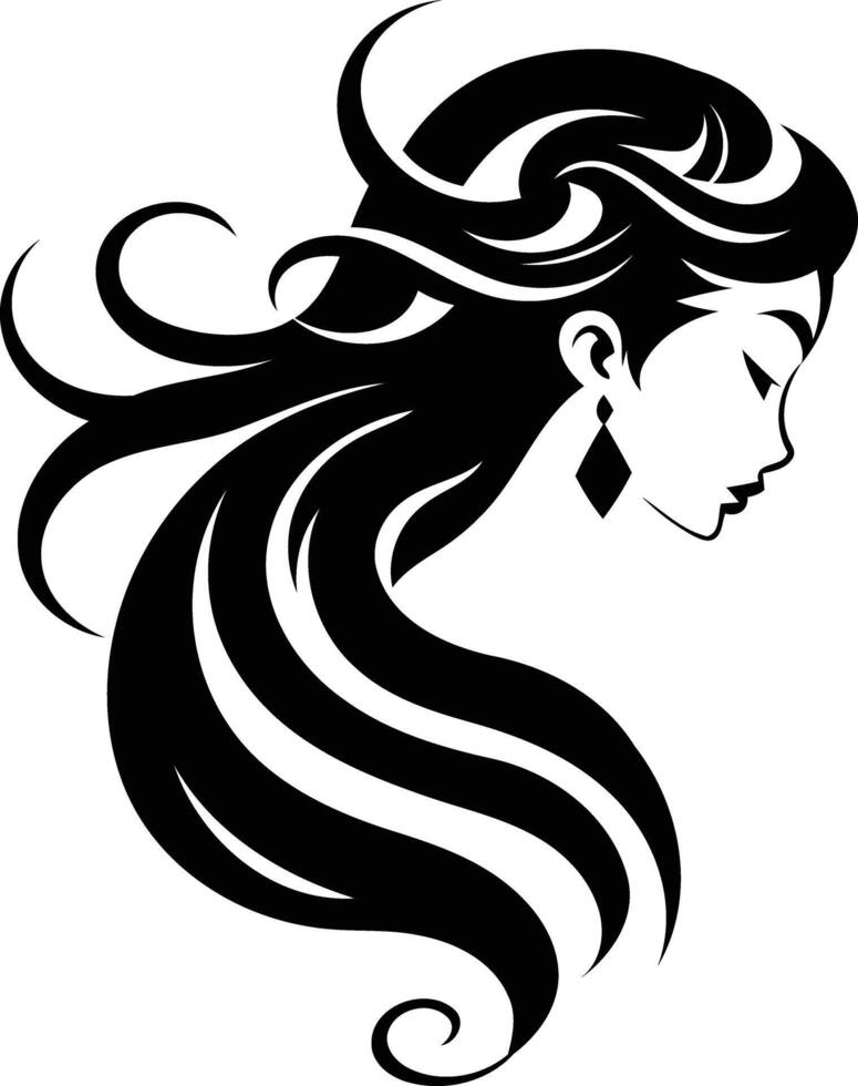 Elegant black and white silhouette of a woman with long flowing hair vector