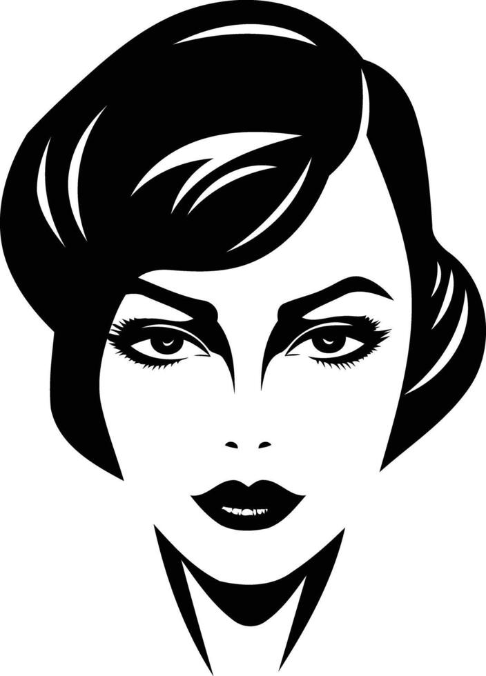 Black and white illustration of a woman's face with a bold, retro hairstyle vector