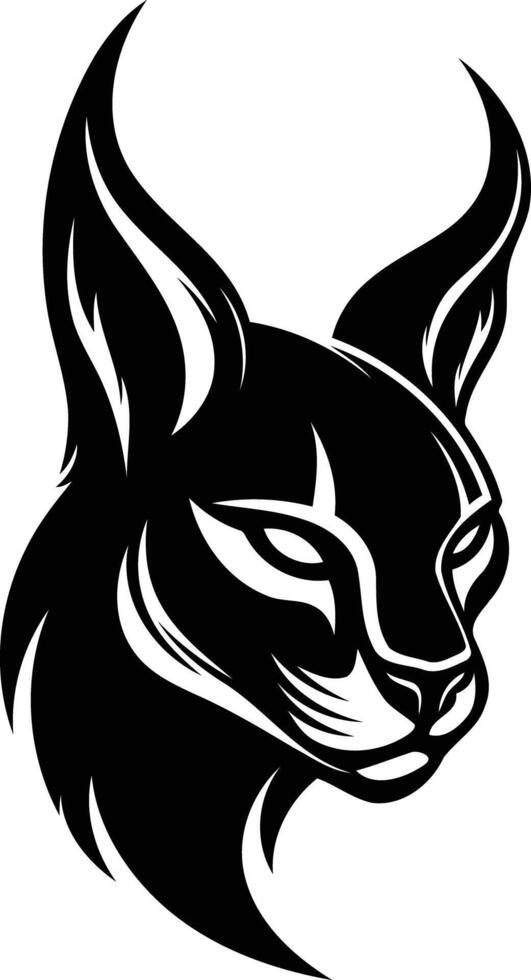A bold and striking black and white illustration of a caracal's head, perfect for branding, logos, or designs that demand a fierce and enigmatic look vector