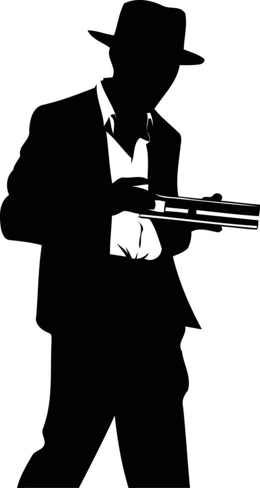 Silhouette of a man in a fedora holding a gun, perfect for noir themed designs, crime novels, or gangster movie posters vector