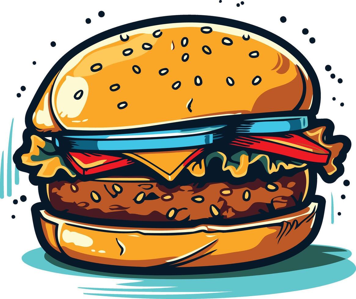 A juicy cartoon burger, perfect for fast food menus, social media, or fun branding vector