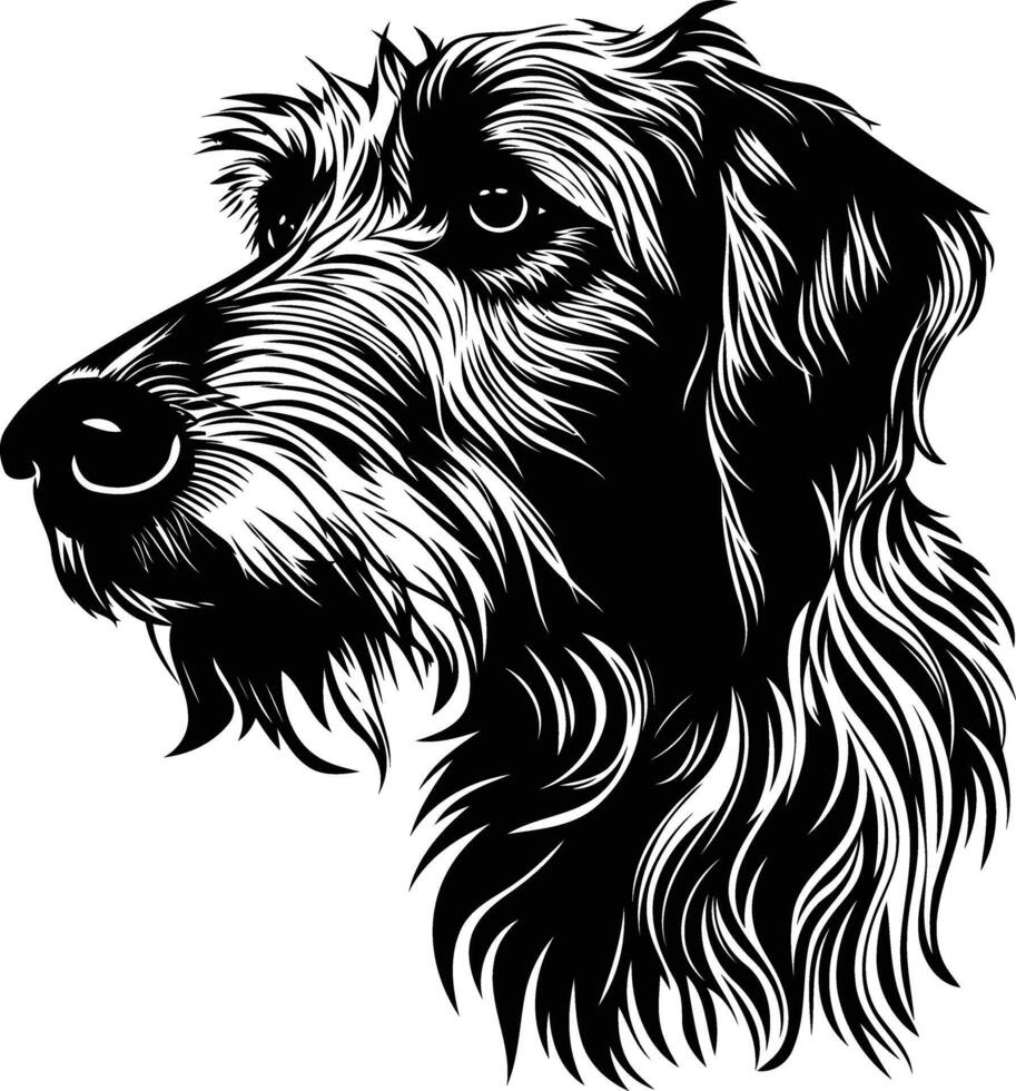 Black and white element illustration of a wirehaired dachshund's head, perfect for pet related designs, logos, or illustrations vector
