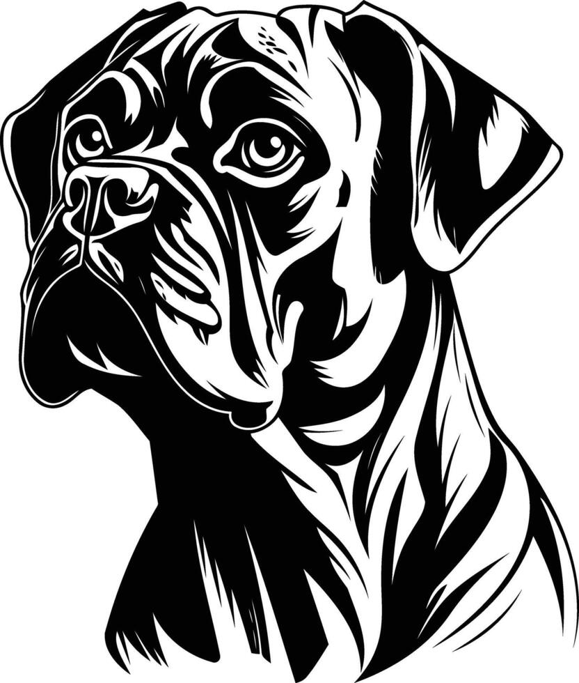 A bold, black and white illustration of a boxer dog's head, perfect for tattoo designs, pet lovers, and dog breed enthusiasts vector