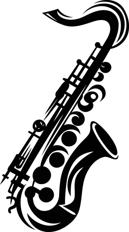 A stylized black and white silhouette of a saxophone, perfect for adding a musical touch to any design vector