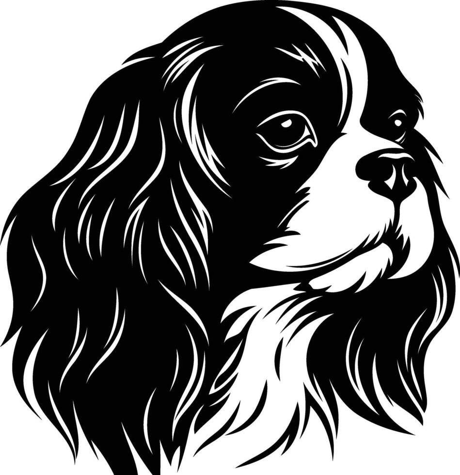 A striking black and white illustration of a cavalier king charles spaniel head, perfect for t shirt designs, pet portraits, and more vector