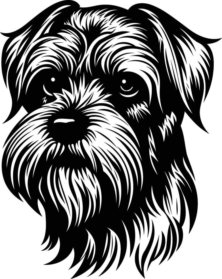 Black and white illustration of a cute, scruffy dog with a serious expression vector