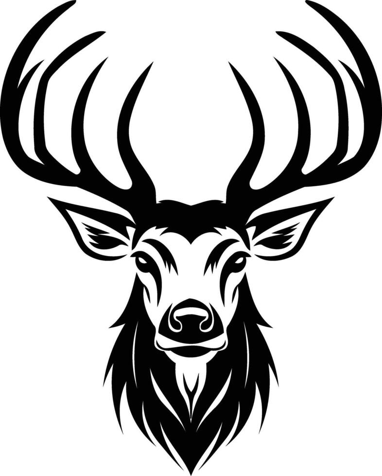 Bold black and white illustration of a stag's head with antlers, perfect for tattoos, logos, and branding vector