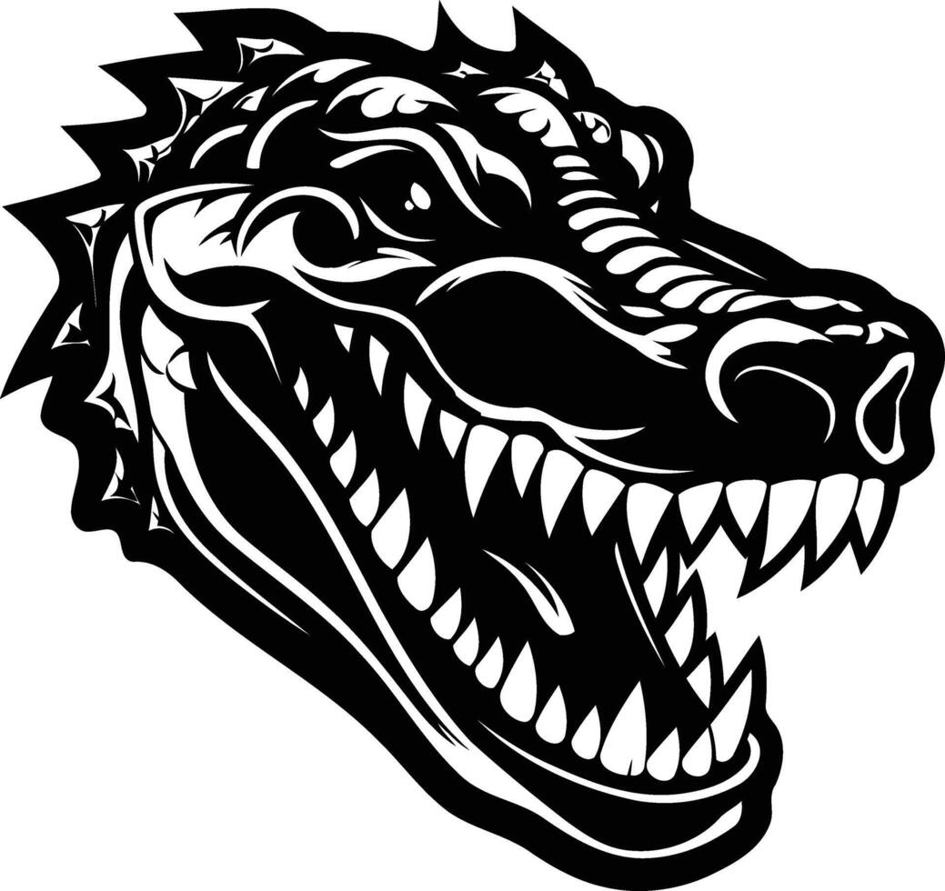 A fierce and detailed black and white illustration of a snarling alligator head vector