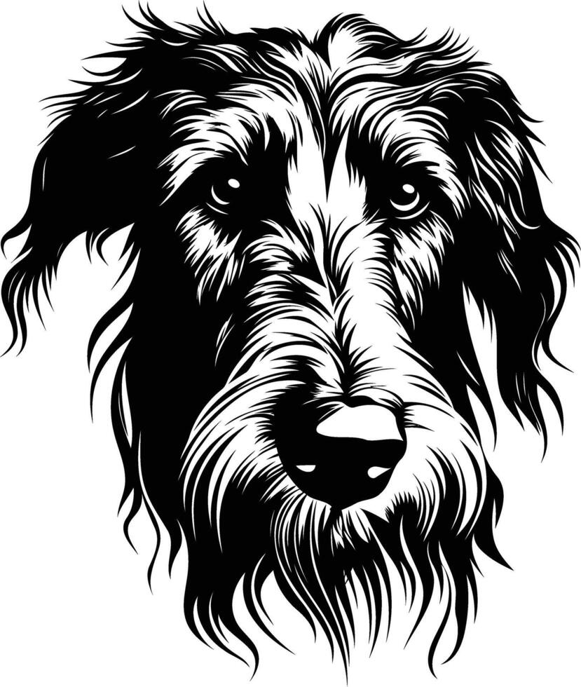 A striking black and white illustration of a bearded collie's head, showcasing its expressive eyes and fluffy beard vector