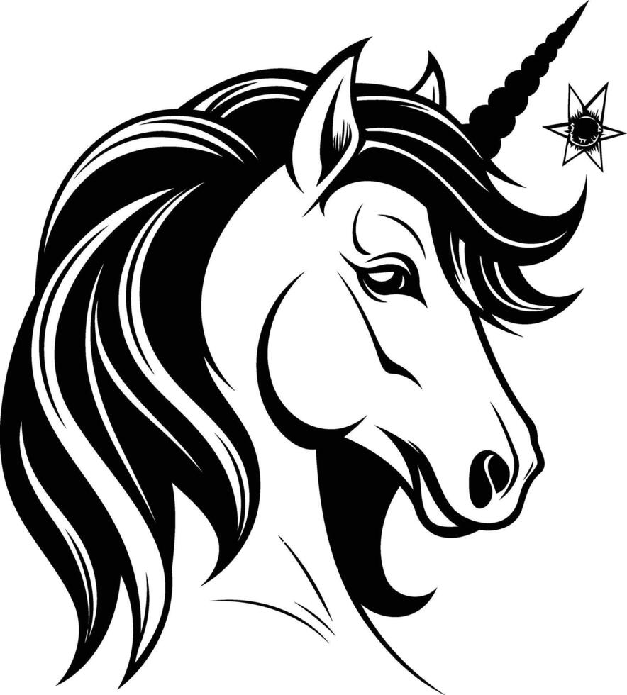 A striking black and white illustration of a unicorn's head, showcasing a majestic profile with a flowing mane and a spiraled horn vector