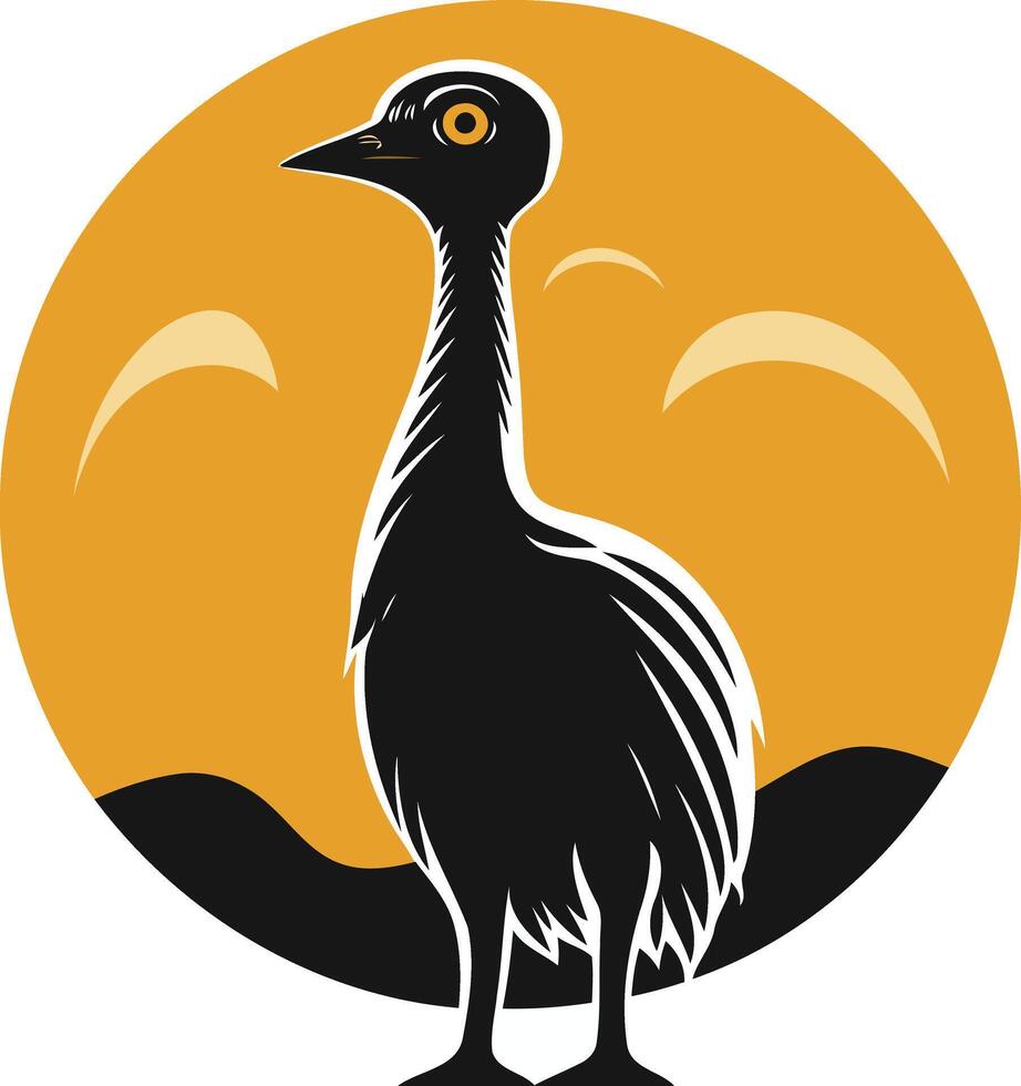 A stylish silhouette of an emu standing against a sunset backdrop vector