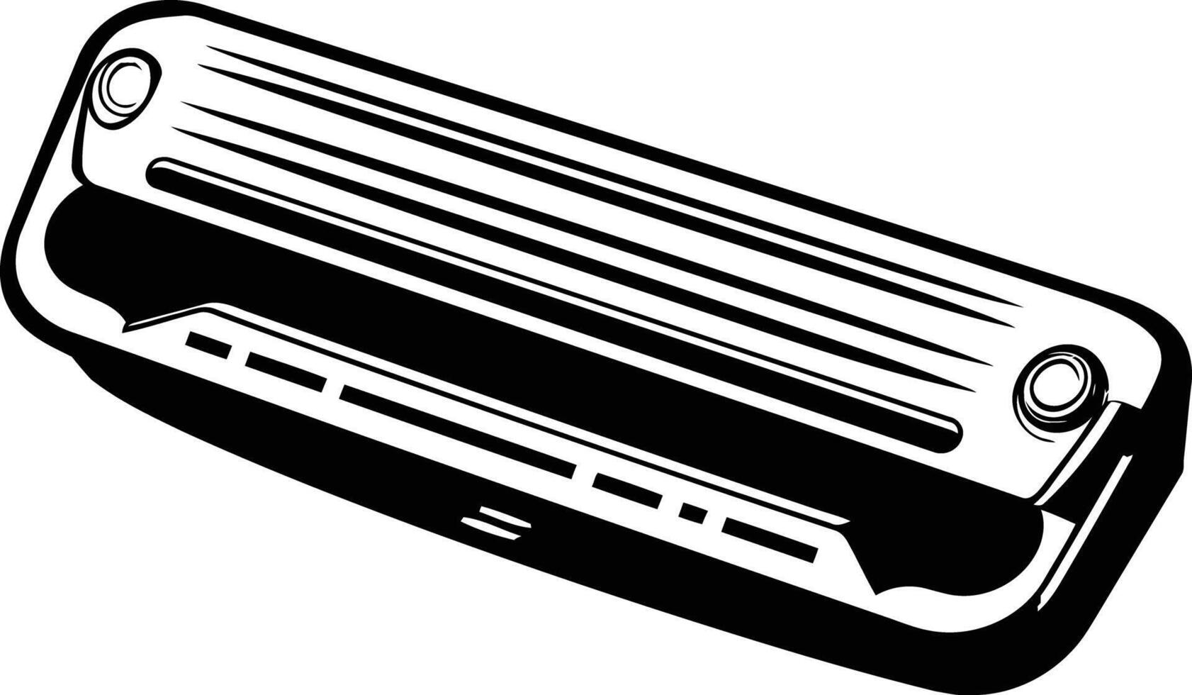 Black and white illustration of a harmonica, perfect for design projects related to music, blues, folk, or vintage style vector