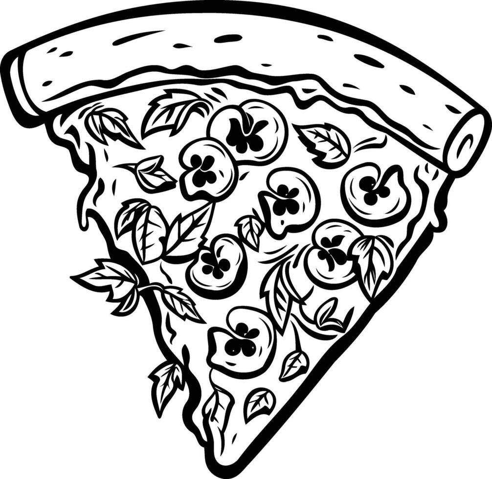 A detailed black and white illustration of a delicious pizza slice, perfect for menu designs, food blogs, or any project needing a classic pizza vibe vector