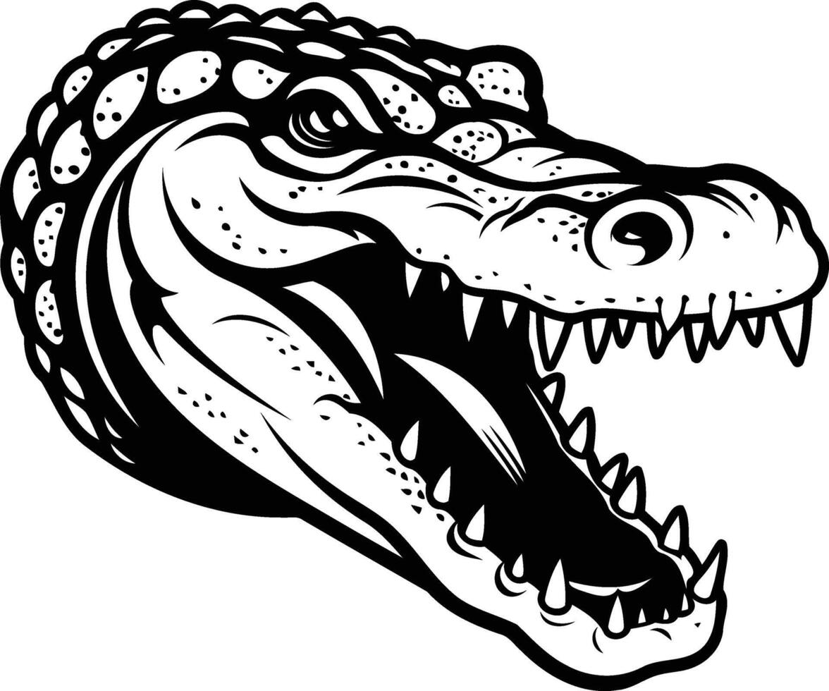 A fierce and detailed black and white illustration of an alligator head with an open mouth, perfect for t shirts, tattoos, and other designs vector