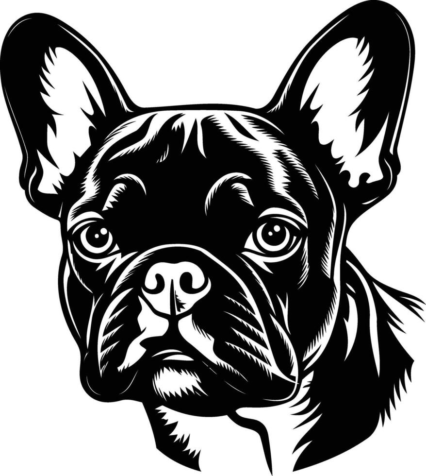 Black and white illustration of a french bulldog's head, perfect for pet lovers, t shirt designs, and social media graphics vector
