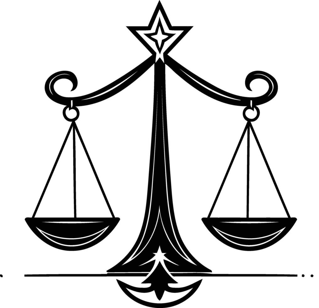 A stylized, ornate illustration of a balance scale with a star at the top vector