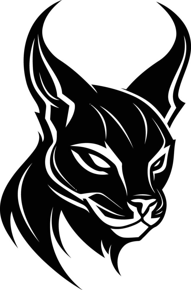 A bold and striking black and white element illustration of a stylized caracal head vector