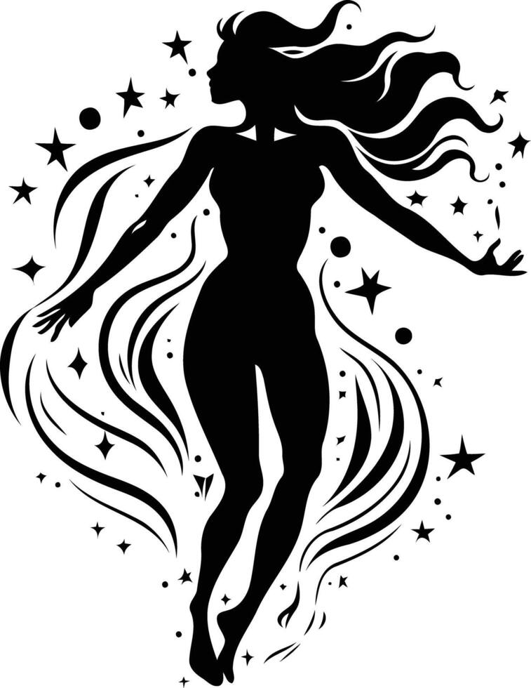 A stylized silhouette of a woman with flowing hair and a celestial backdrop, perfect for representing concepts of freedom, magic, and the feminine spirit vector