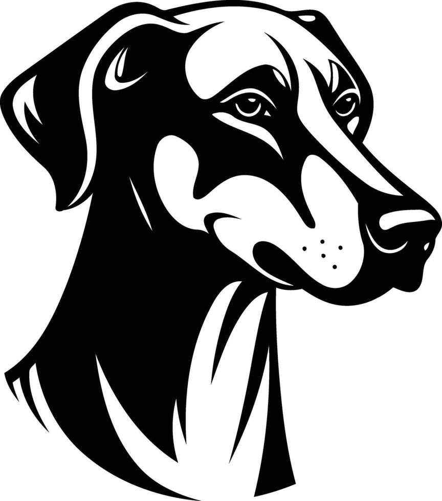 A striking black and white illustration of a doberman pinscher's head, captured in a powerful and dynamic pose vector