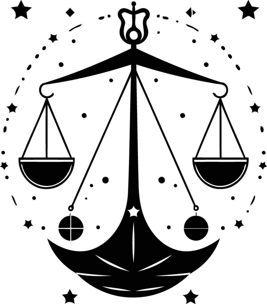 Stylish black and white tattoo design of a libra zodiac sign, featuring a scales, stars, and celestial motifs vector