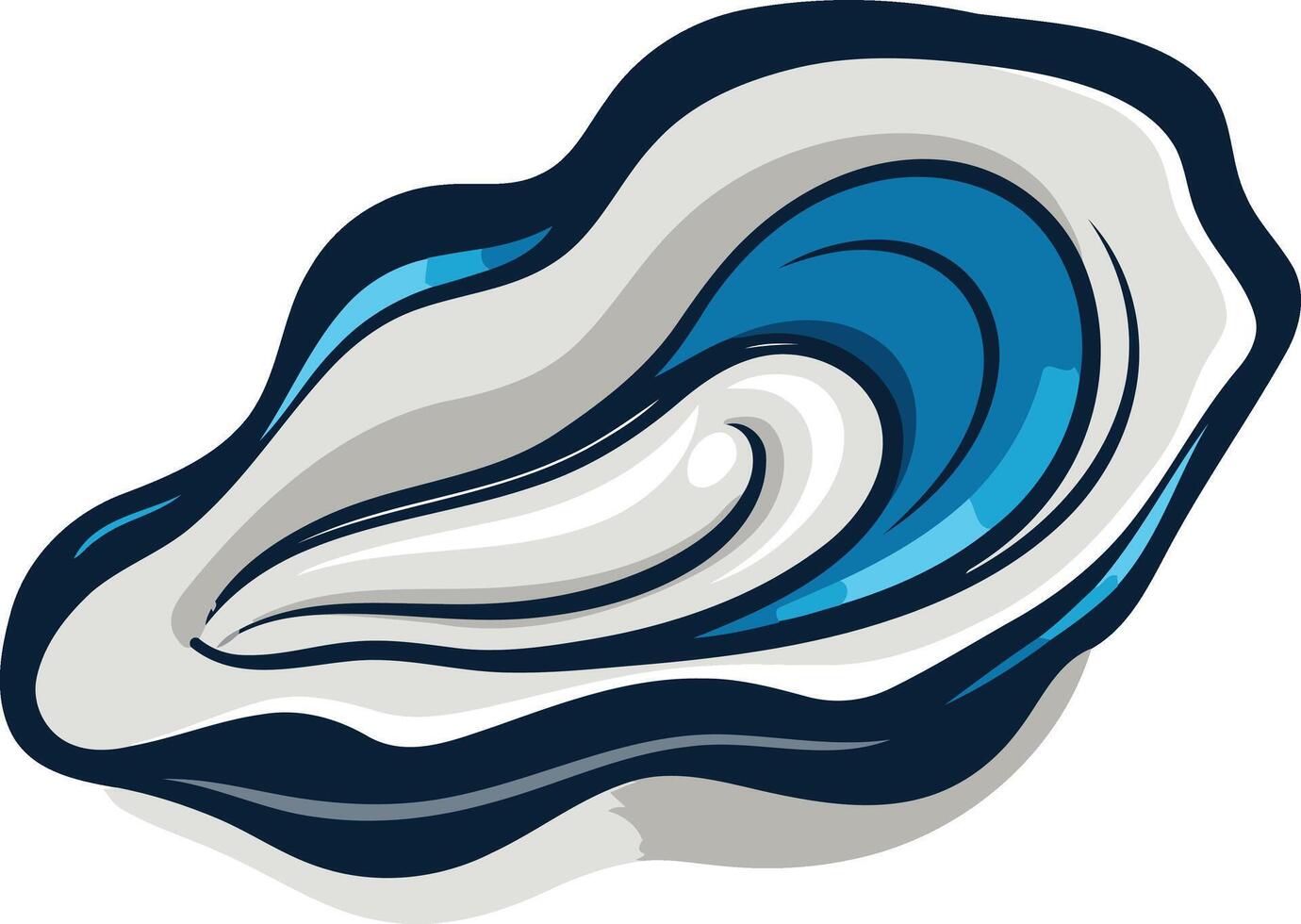A playful, stylized illustration of a seashell with a blue wave inside vector