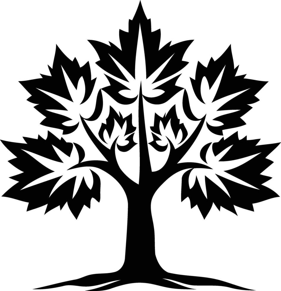 Stylized black and white illustration of a tree with large, intricate leaves vector