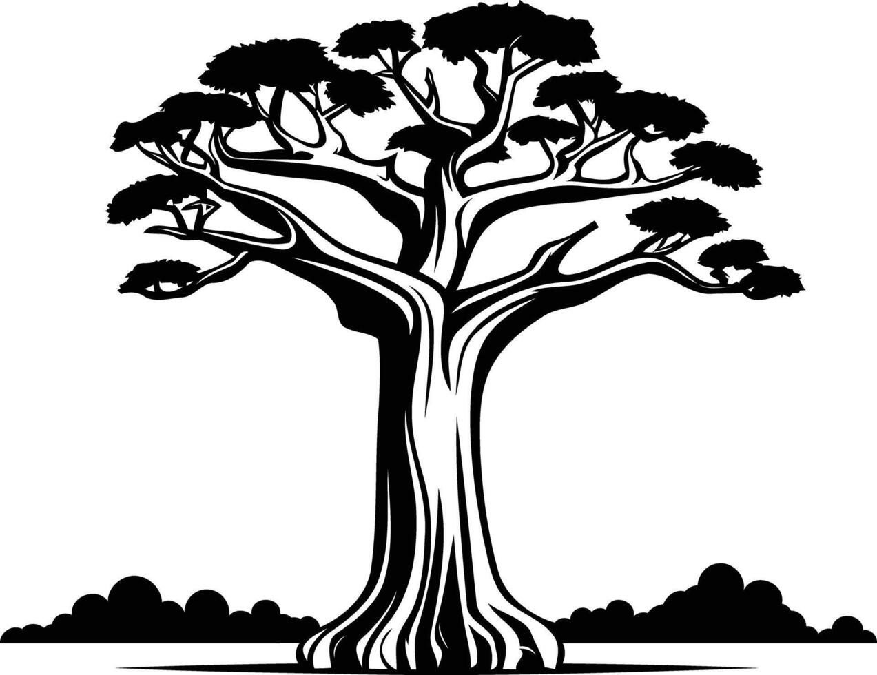 A striking black and white illustration of a majestic baobab tree, symbolizing strength, resilience, and the beauty of nature vector