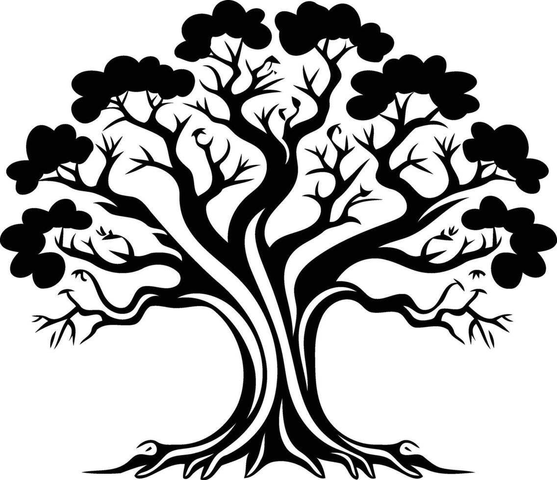 Stylized black and white illustration of a large tree, perfect for nature themed designs, logos, and illustrations vector