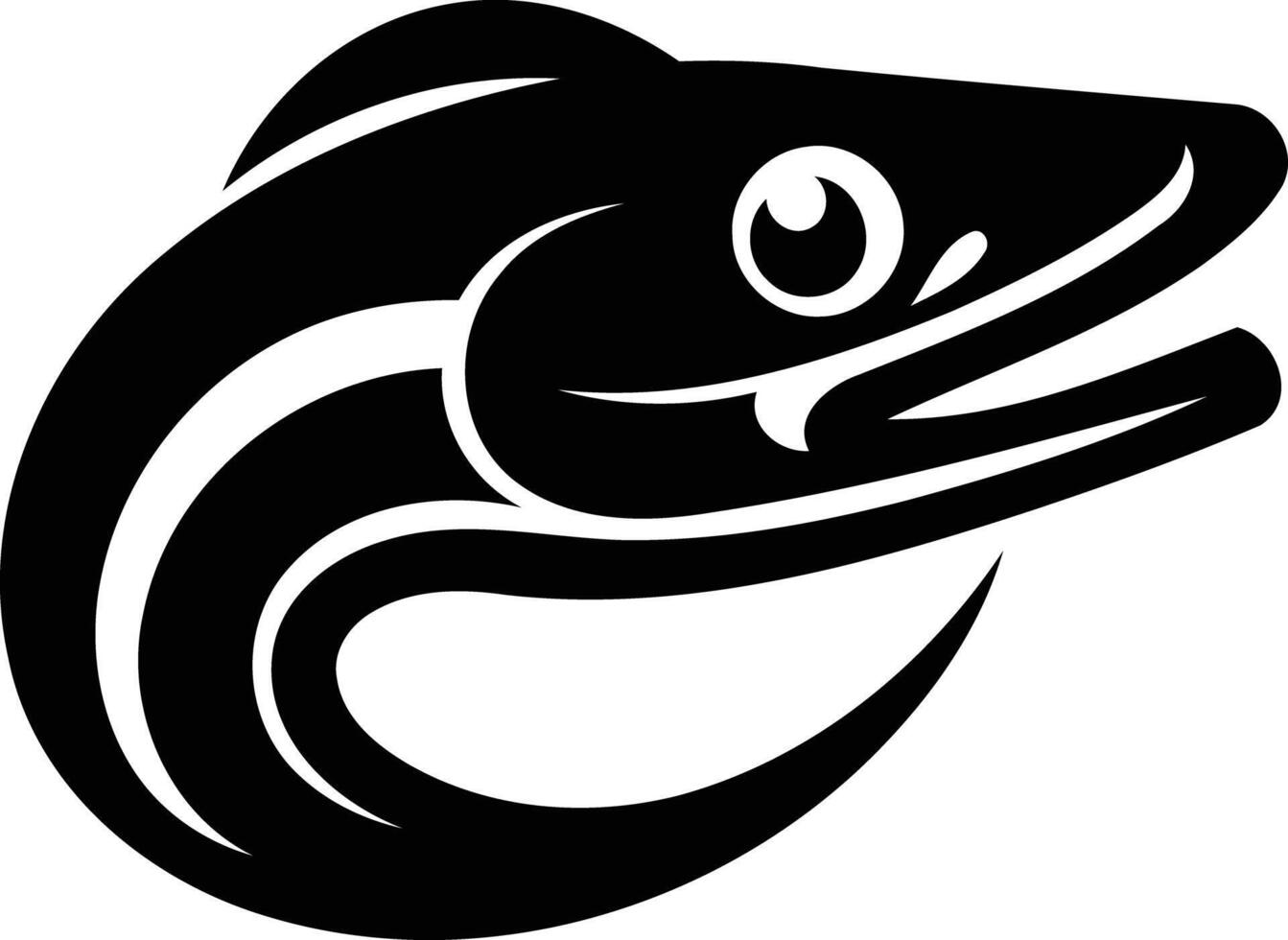Stylized black and white illustration of a fish head with a bold, graphic design vector