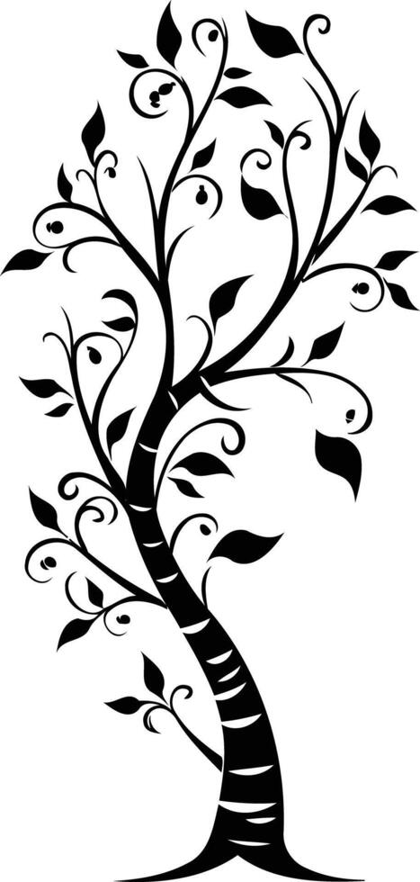 Elegant black and white silhouette of a stylized tree with intricate branches and leaves vector
