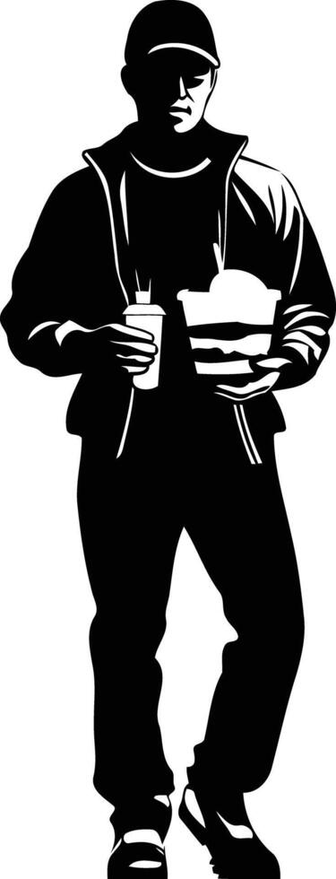 Silhouette of a man holding a cup and a food container, perfect for street food, urban, and casual concepts vector