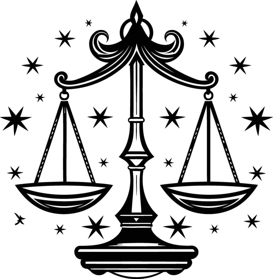 A bold and intricate black and white illustration of a libra zodiac sign, featuring a scale with stars surrounding it vector