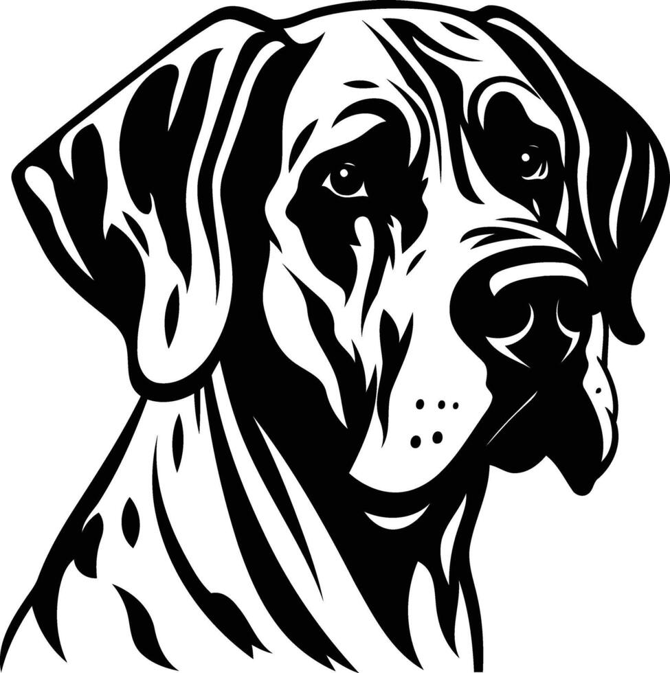 A striking black and white illustration of a great dane's head, perfect for pet related designs, tattoos, and branding vector