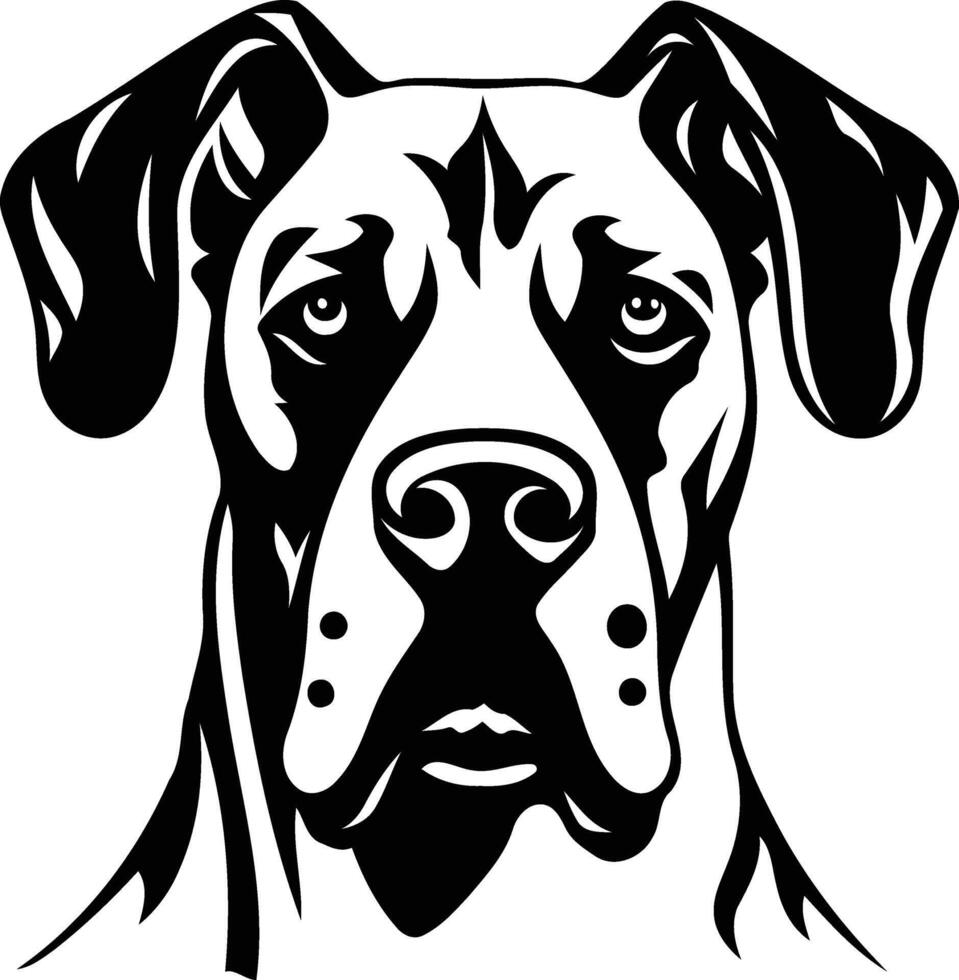 A bold and graphic illustration of a great dane's head in black and white vector
