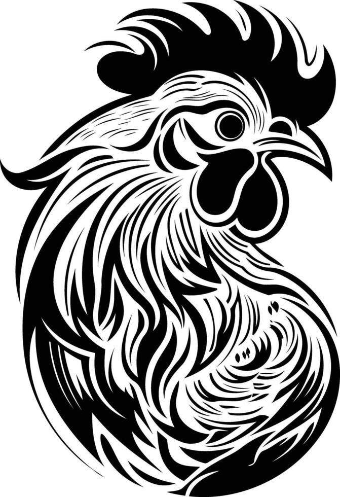 A bold and striking black and white illustration of a rooster, rendered in a tribal tattoo style vector