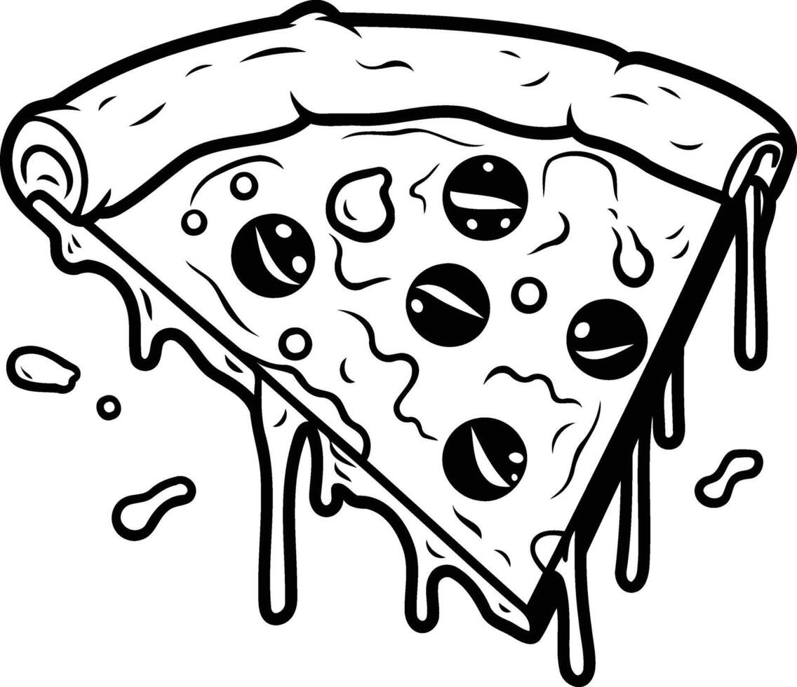 A cartoon illustration of a single slice of pizza dripping with cheese, perfect for illustrating fun, food, or a pizzeria vector