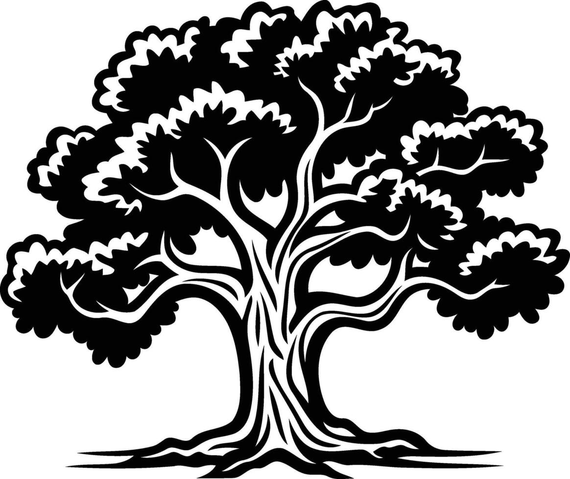 Black and white silhouette of a majestic tree with thick trunk and intricate branches vector