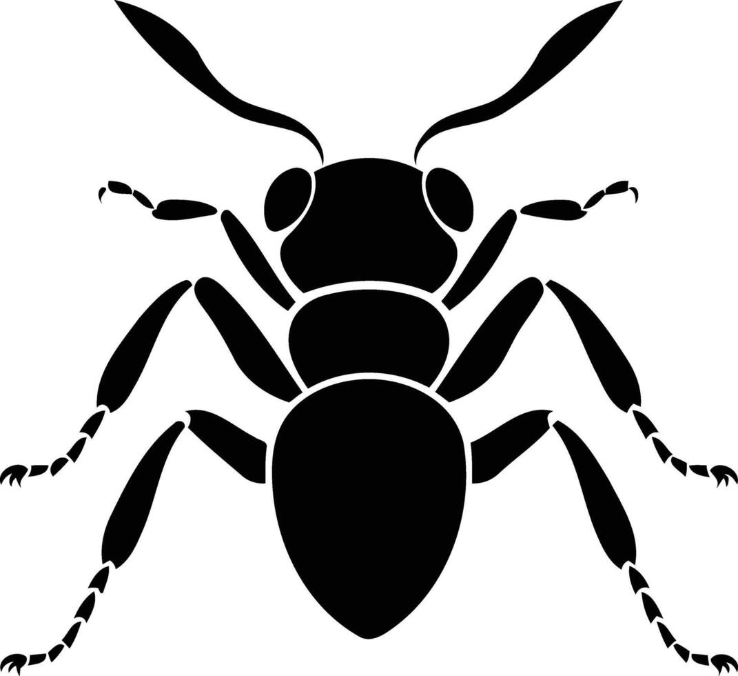 Black and white silhouette of an ant, perfect for designs requiring a simple and impactful representation of this common insect vector