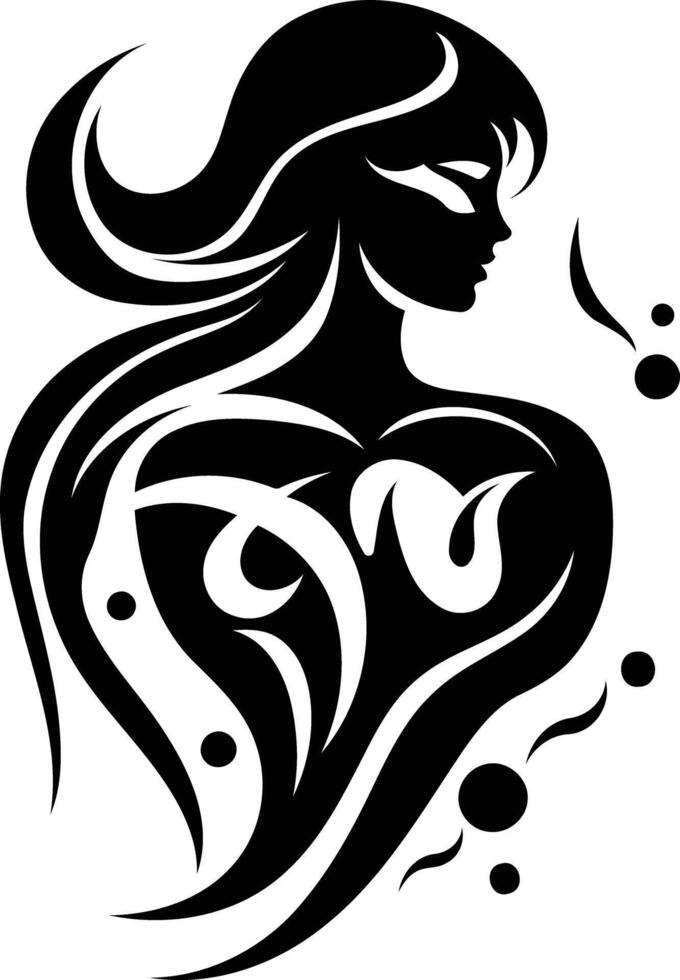 Stylish black and white tribal tattoo design featuring a woman's profile with intricate floral elements vector
