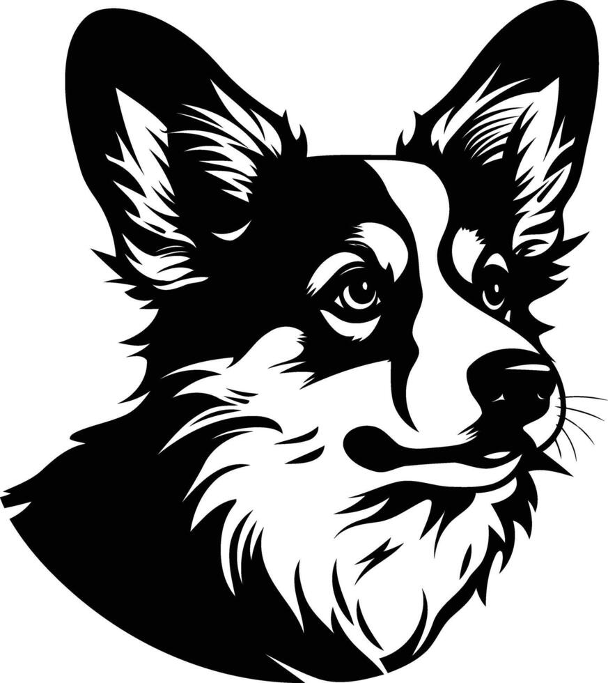 A striking black and white illustration of a welsh corgi's head, perfect for creating unique pet portraits, tattoo designs, or branding materials vector