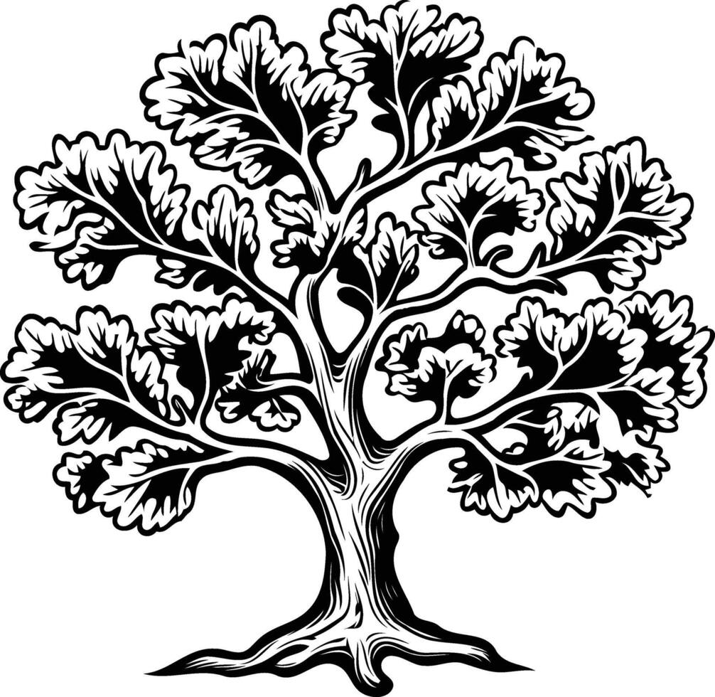 Black and white illustration of a majestic oak tree, perfect for adding a touch of nature to designs vector